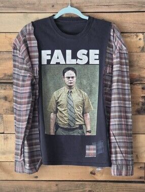 Upcycled  Black Graphic TV Show Graphic T-shirt With Plaid Sleeves